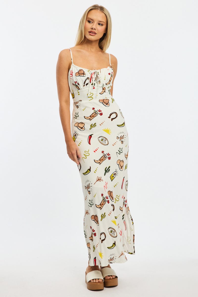 Multi Abstract Midi Dress Gathering Bust Sleeveless for Ally Fashion