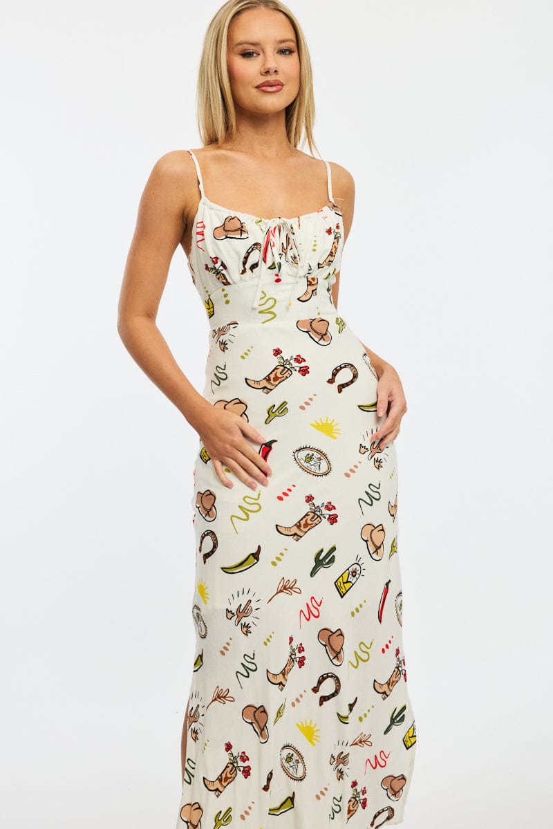 Multi Abstract Midi Dress Gathering Bust Sleeveless for Ally Fashion