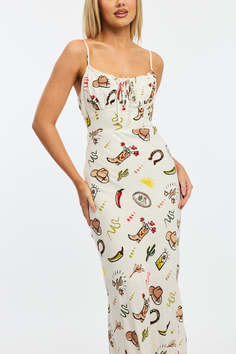 Multi Abstract Midi Dress Gathering Bust Sleeveless for Ally Fashion