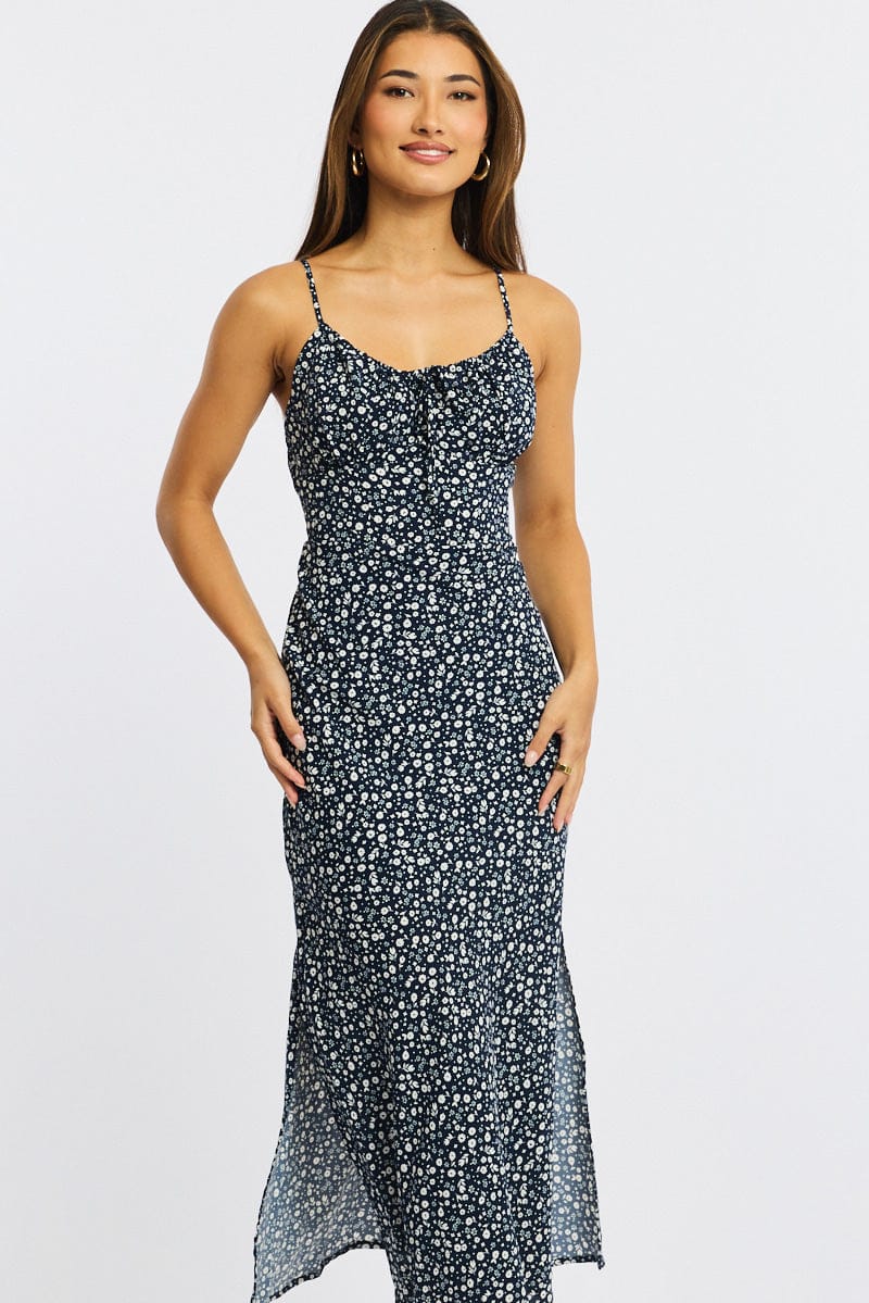 Blue Ditsy Midi Dress Gathering Bust Sleeveless for Ally Fashion