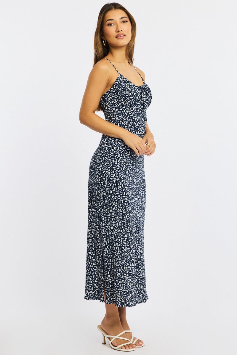 Blue Ditsy Midi Dress Gathering Bust Sleeveless for Ally Fashion