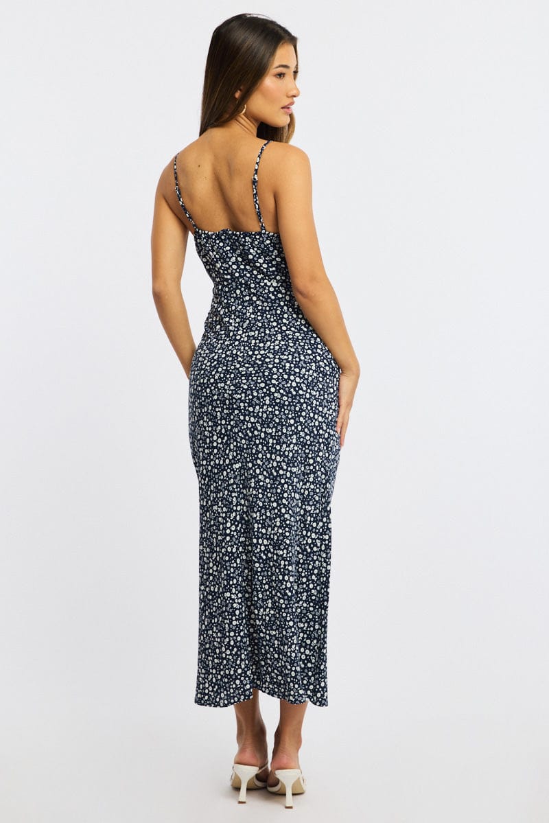 Blue Ditsy Midi Dress Gathering Bust Sleeveless for Ally Fashion