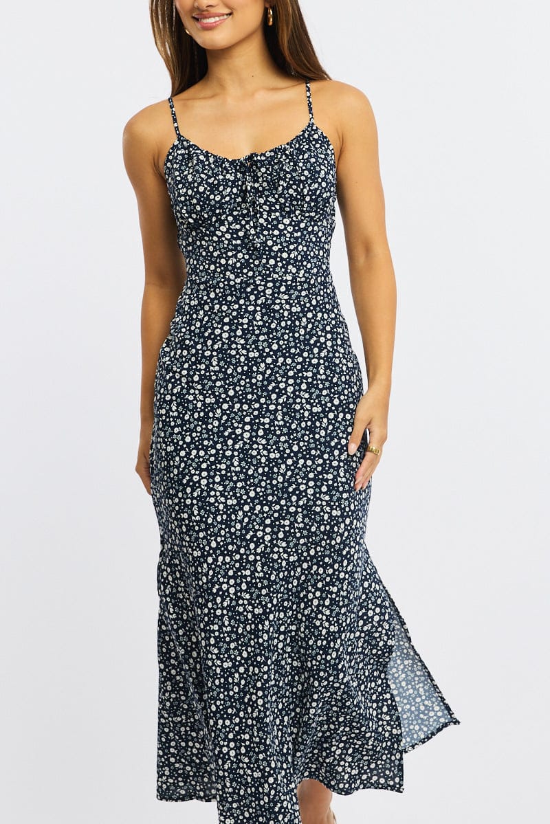 Blue Ditsy Midi Dress Gathering Bust Sleeveless for Ally Fashion