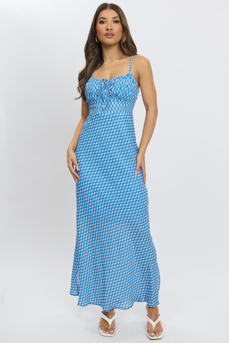 Blue Check Midi Dress Gathering Bust Sleeveless for Ally Fashion