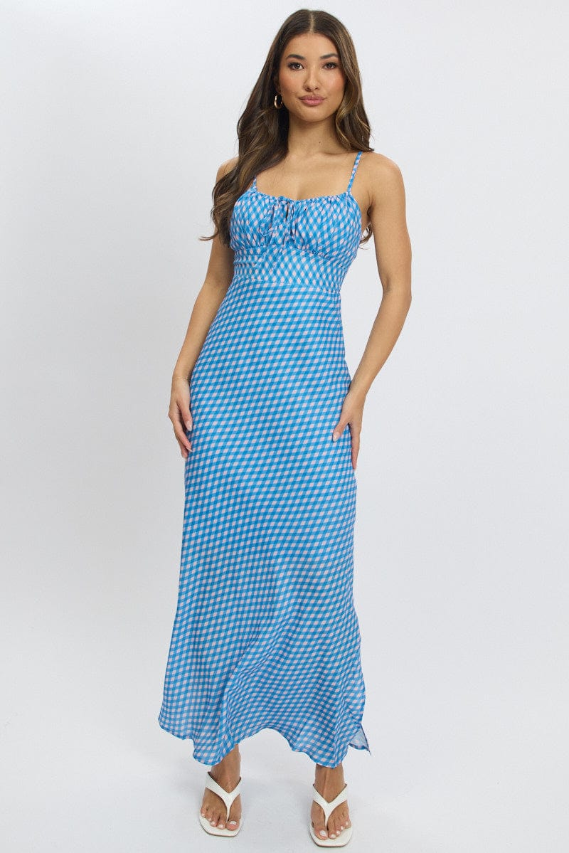 Blue Check Midi Dress Gathering Bust Sleeveless for Ally Fashion