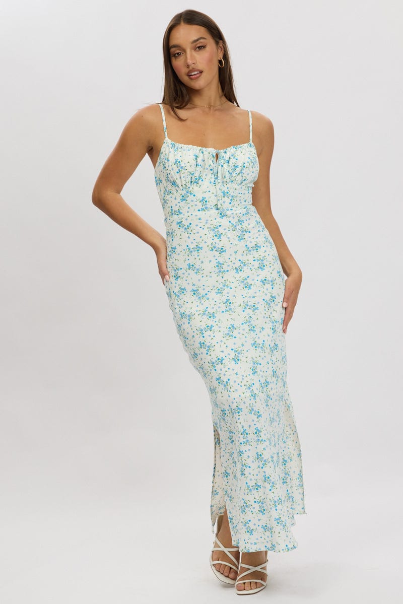 Blue Floral Midi Dress Gathering Bust Sleeveless | Ally Fashion