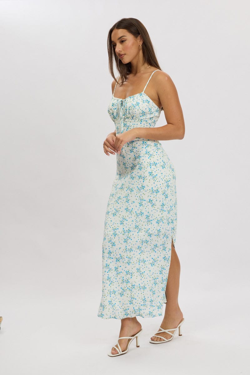 Blue Floral Midi Dress Gathering Bust Sleeveless | Ally Fashion