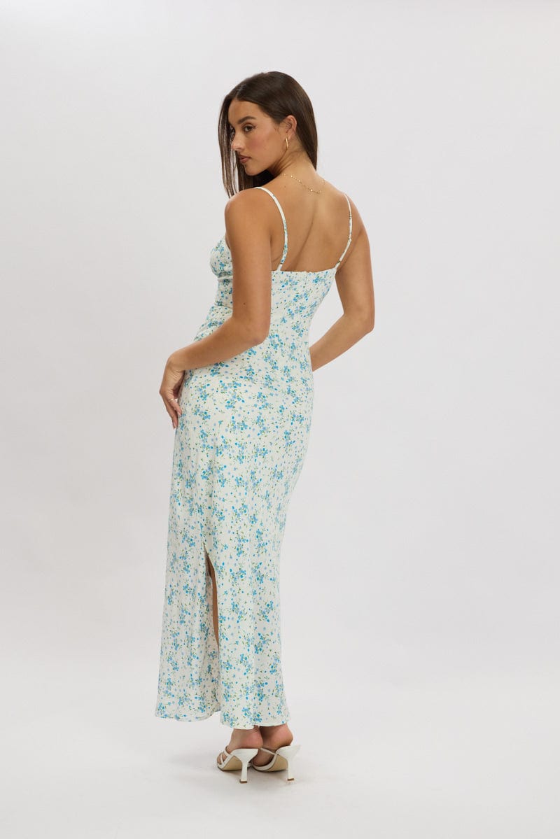 Blue Floral Midi Dress Gathering Bust Sleeveless | Ally Fashion
