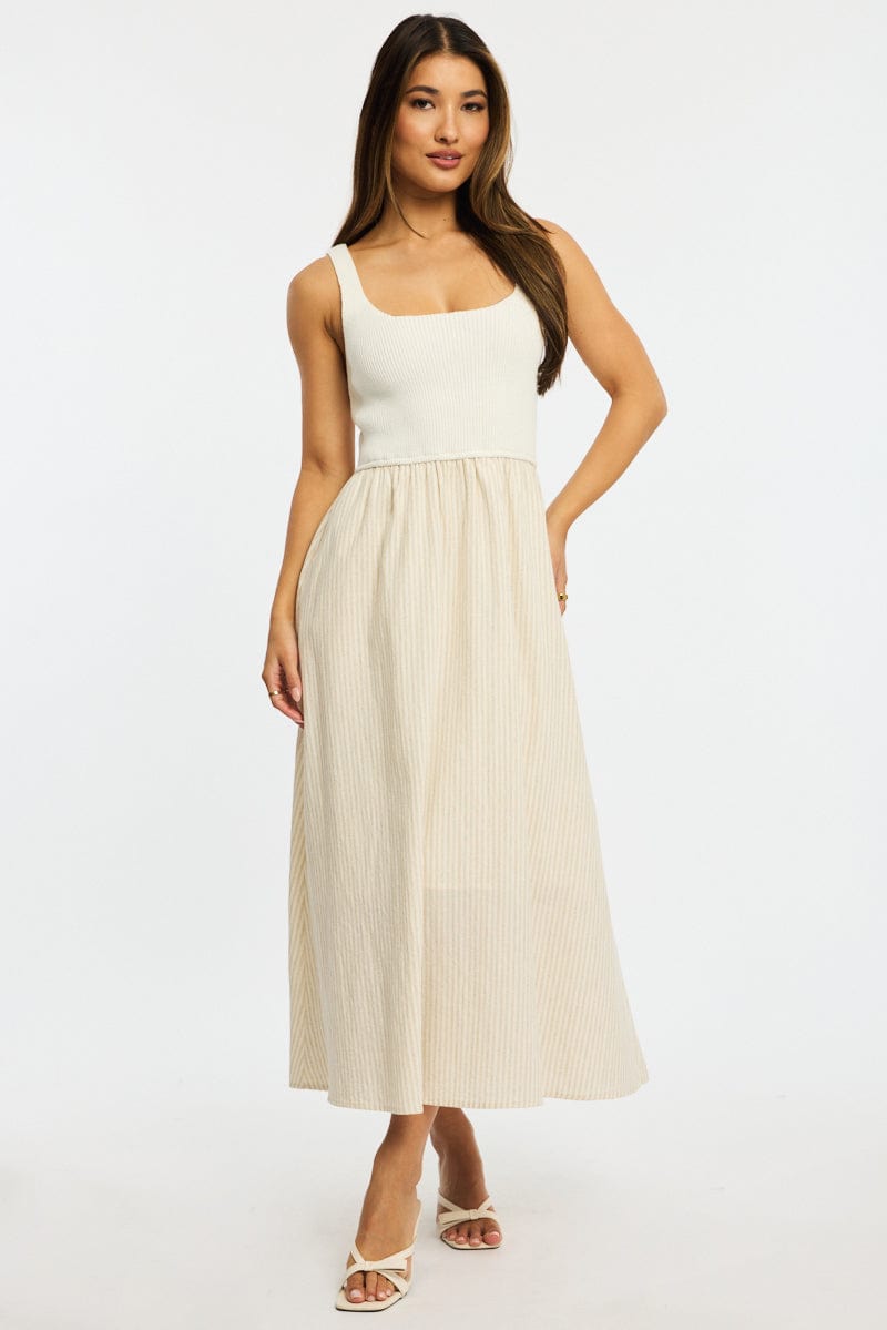 Beige Stripe Knit Dress Maxi for Ally Fashion
