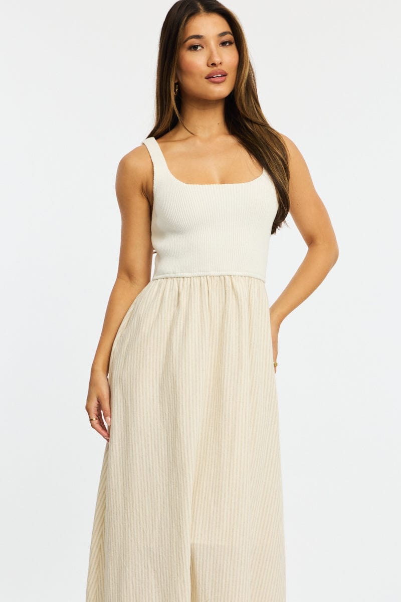 Beige Stripe Knit Dress Maxi for Ally Fashion