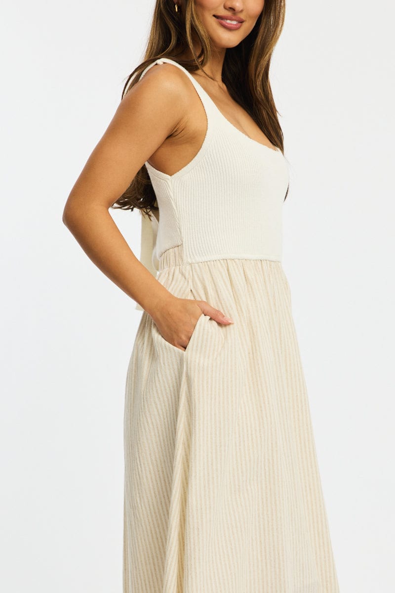 Beige Stripe Knit Dress Maxi for Ally Fashion