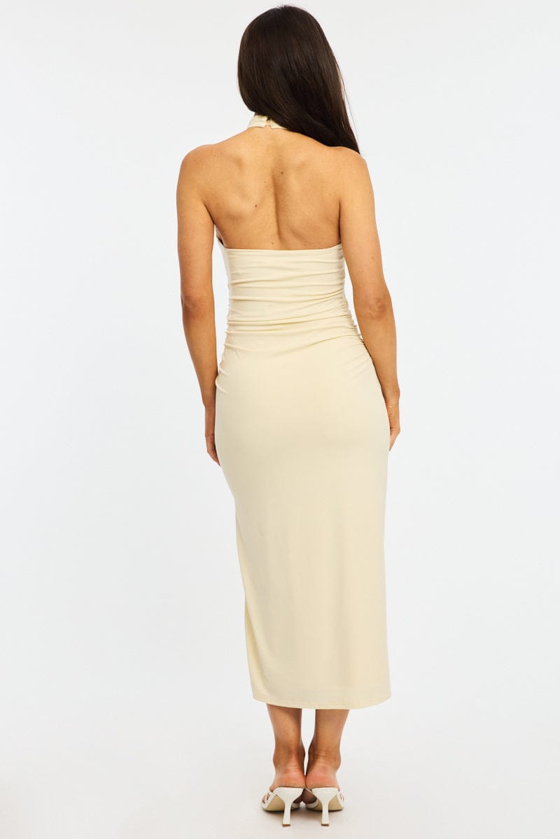 Yellow Bodycon Dress High Neck Side Ruched for Ally Fashion