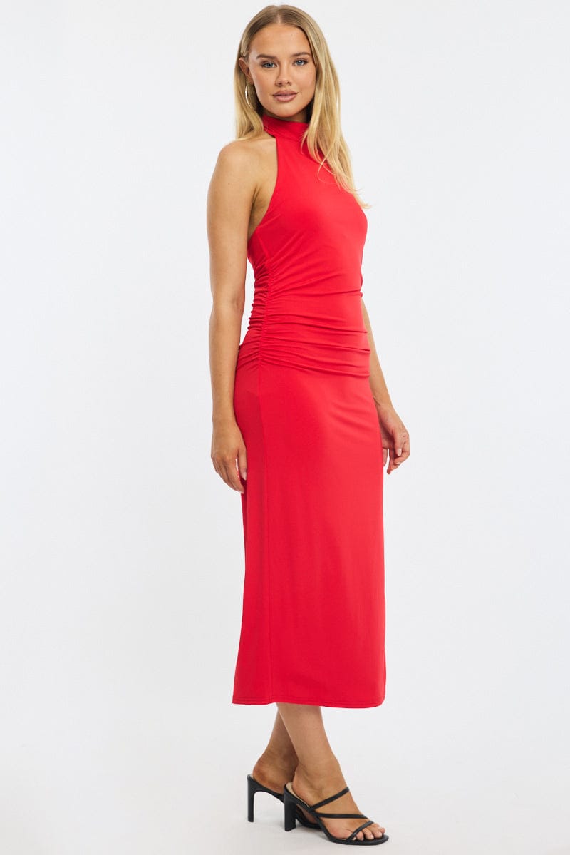 Red Bodycon Dress High Neck Side Ruched for Ally Fashion