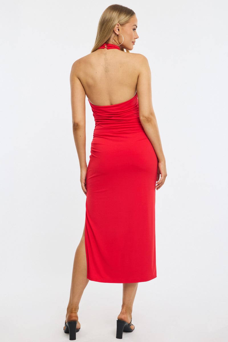 Red Bodycon Dress High Neck Side Ruched for Ally Fashion