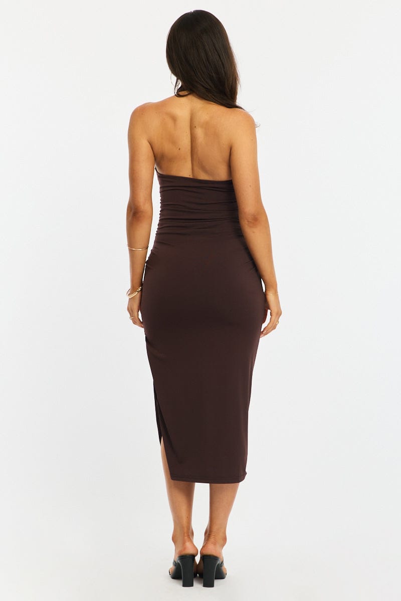 split sleeve bridesmaid dress Brown Bodycon Dress High Neck Side Ruched