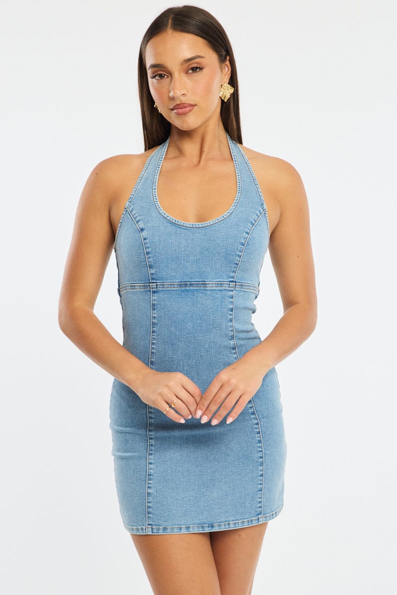 Denim Bodycon Dress Halter Neck Mini for Ally Fashion