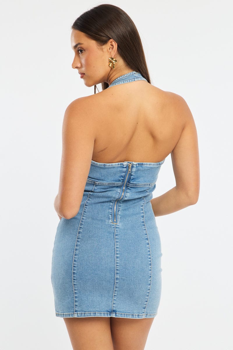 Denim Bodycon Dress Halter Neck Mini | Ally Fashion Denim Bodycon Dress Halter Neck Mini | Ally Fashion