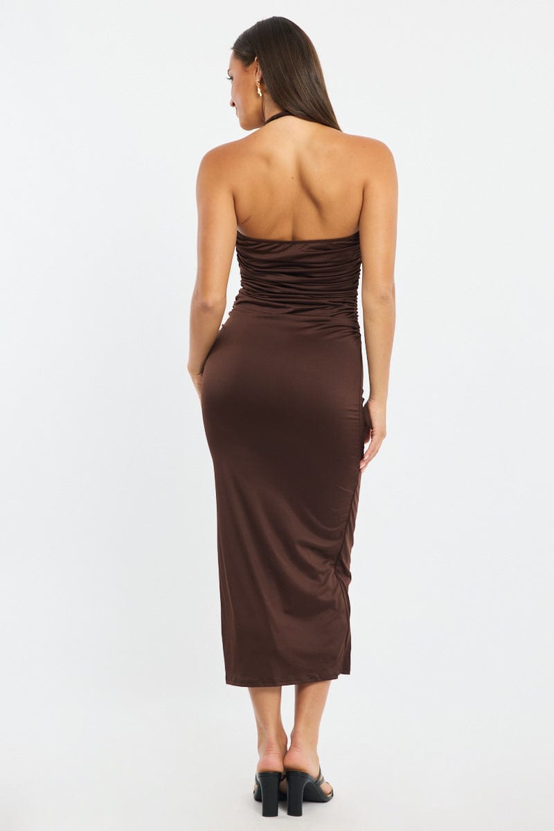 Brown Bodycon Dress Halter Neck for Ally Fashion