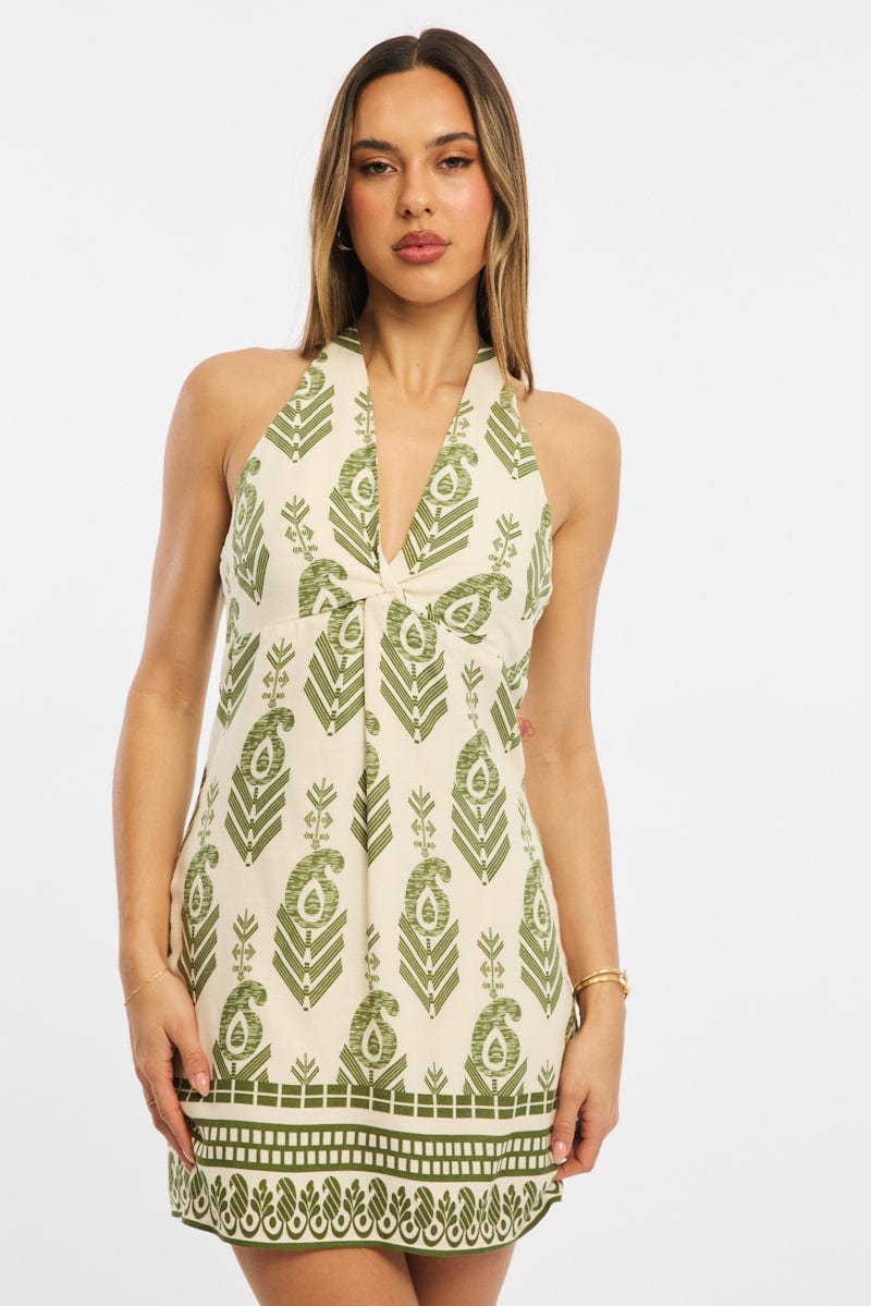 Green Abstract Halter Neck Dress Mini for Ally Fashion