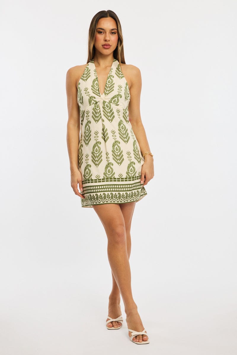 Green Abstract Halter Neck Dress Mini for Ally Fashion