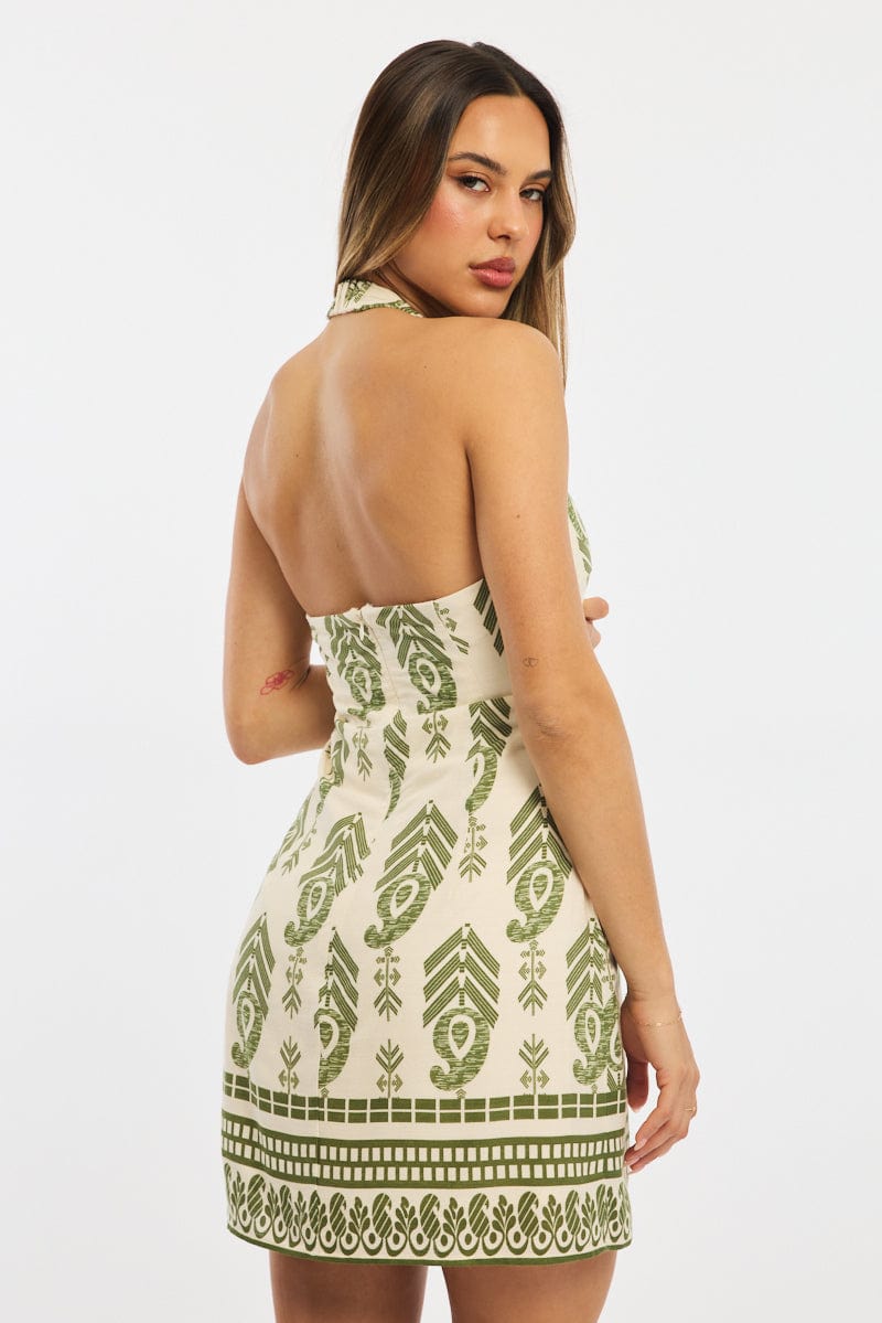 Green Abstract Halter Neck Dress Mini for Ally Fashion