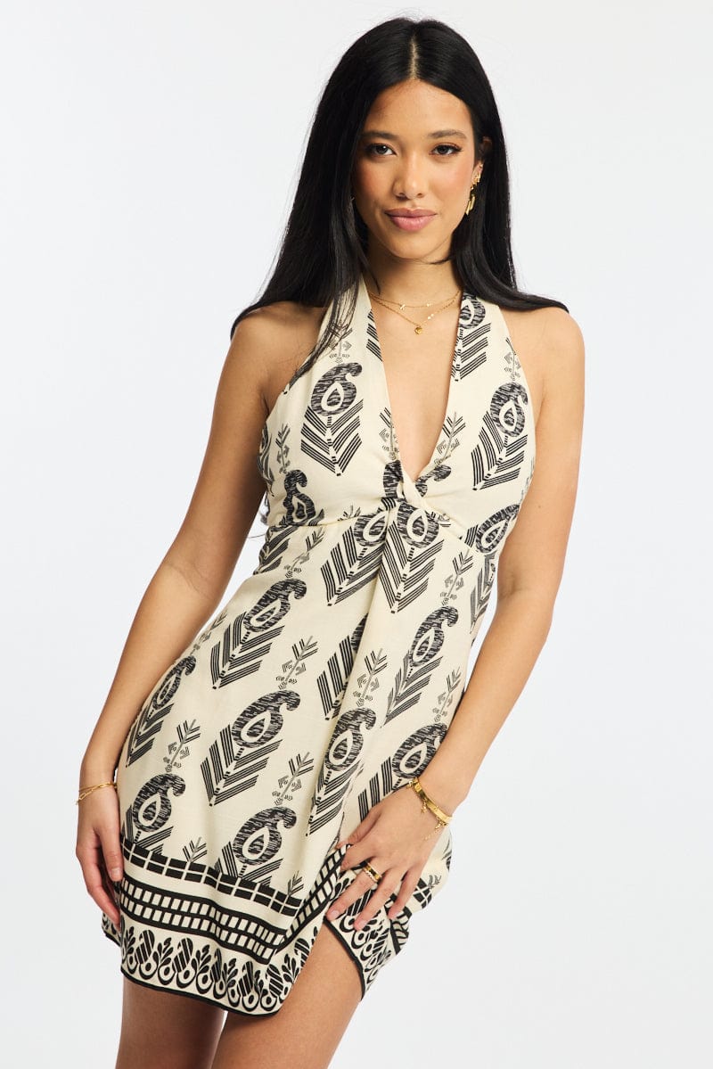 Black Abstract Halter Neck Dress Mini for Ally Fashion