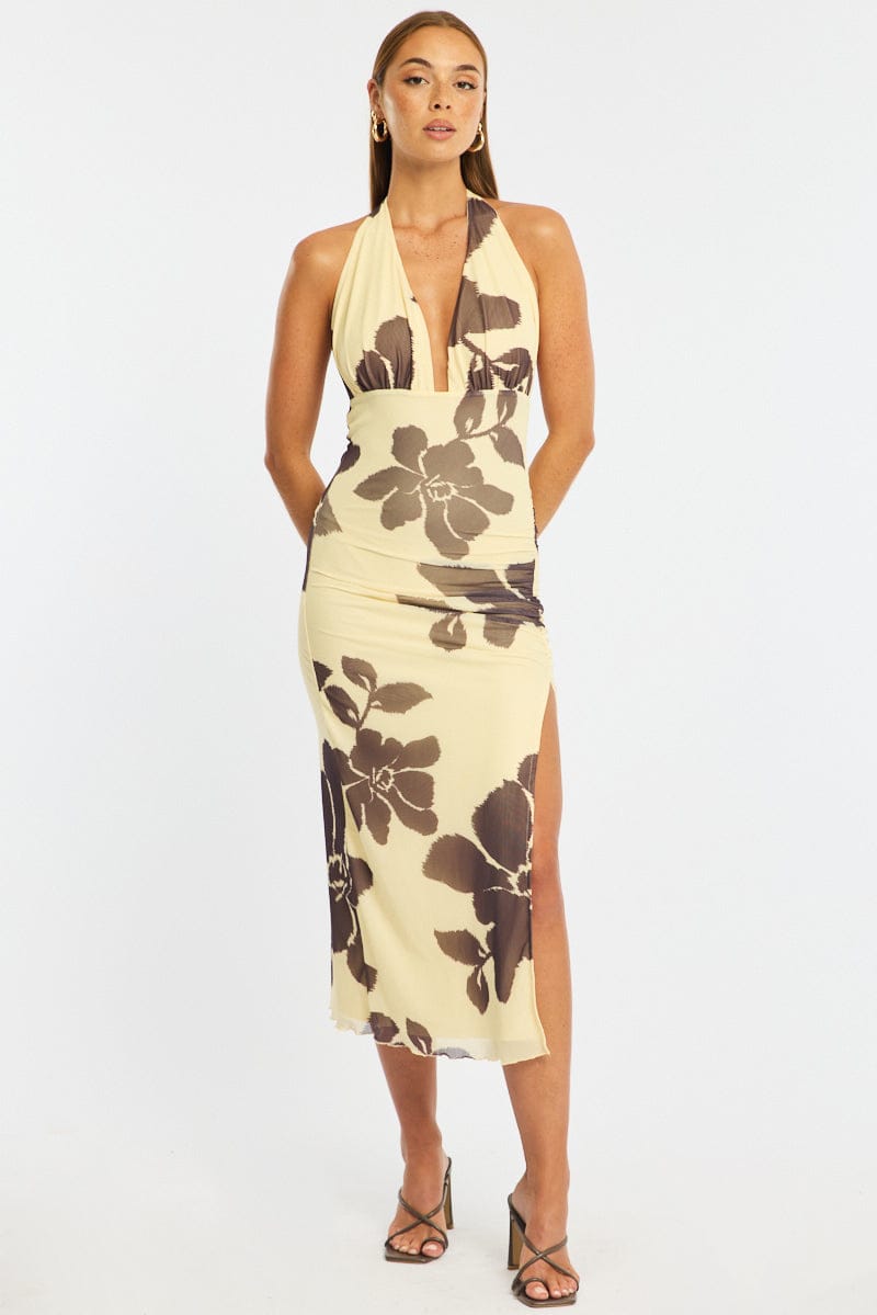 Yellow Floral Bodycon Dress Mesh for Ally Fashion