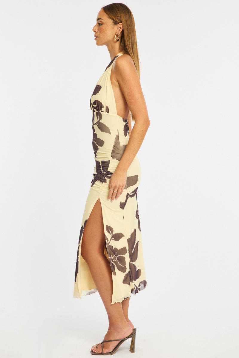 Yellow Floral Bodycon Dress Mesh for Ally Fashion