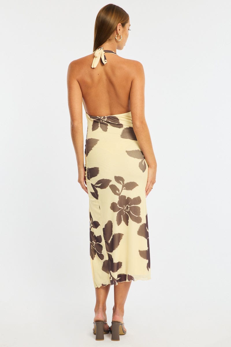 Yellow Floral Bodycon Dress Mesh for Ally Fashion