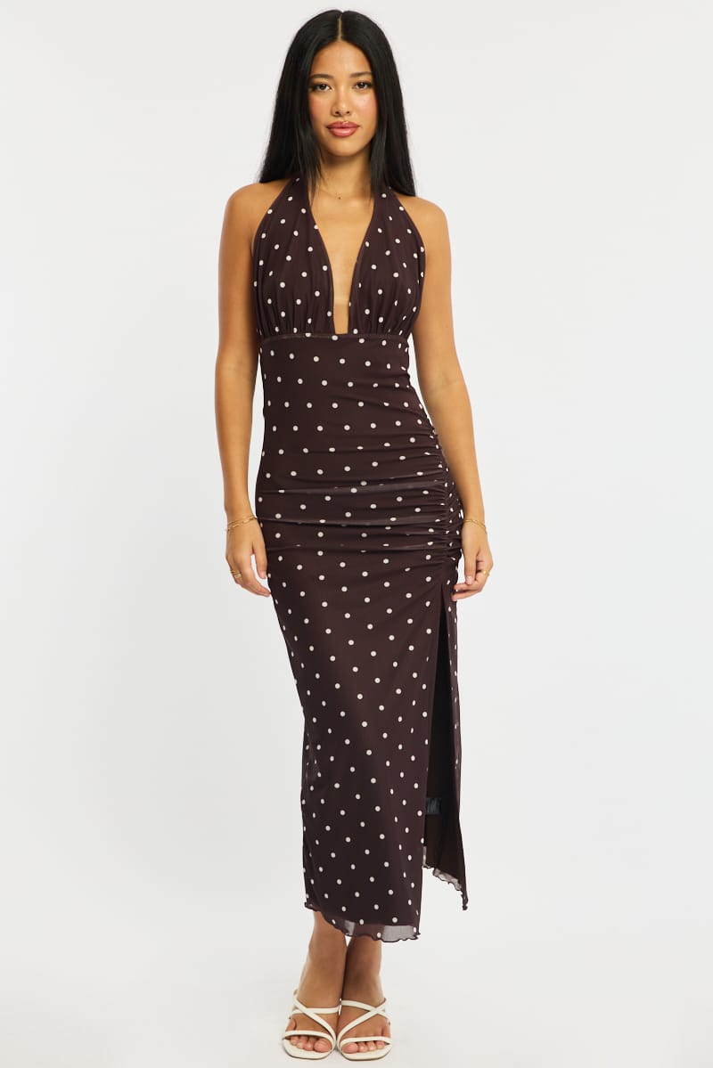 Brown Polka Dot Bodycon Dress Mesh for Ally Fashion