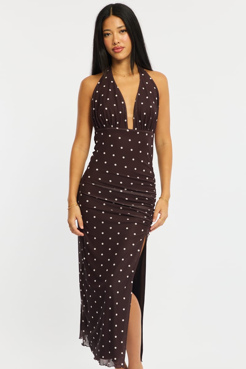 Brown Polka Dot Bodycon Dress Mesh for Ally Fashion