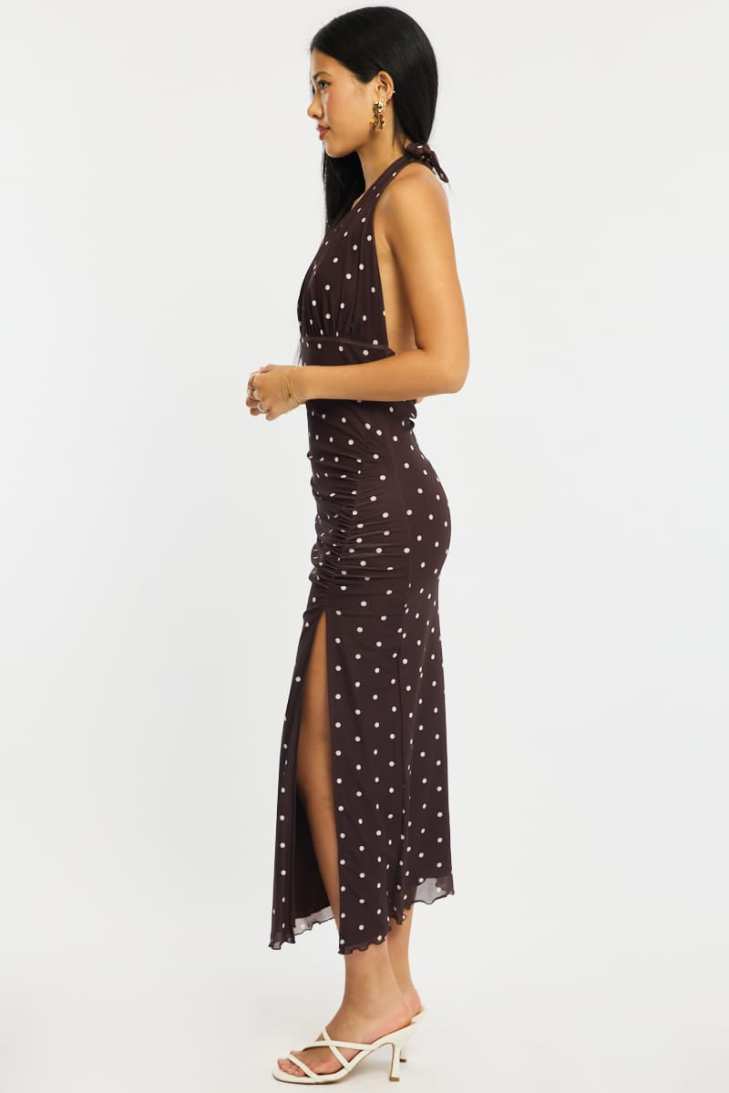 Brown Polka Dot Bodycon Dress Mesh for Ally Fashion