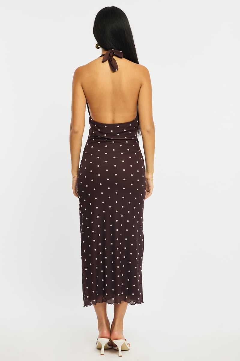 Brown Polka Dot Bodycon Dress Mesh for Ally Fashion