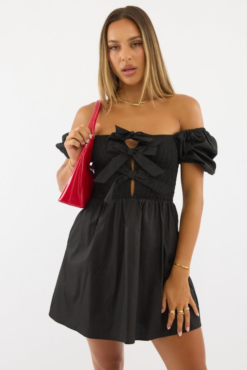 Black Mini Dress Ribbon Detail from Ally Fashion