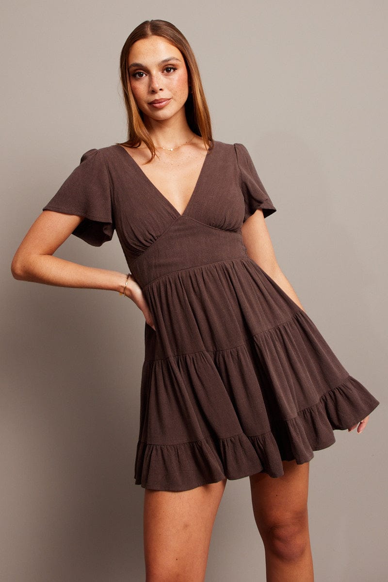 Brown Fit And Flare Dress V-neck Mini for Ally Fashion