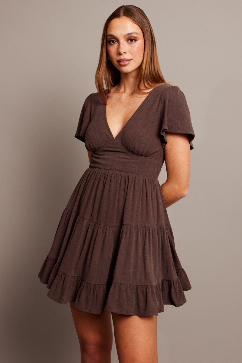 Brown Fit And Flare Dress V-neck Mini for Ally Fashion