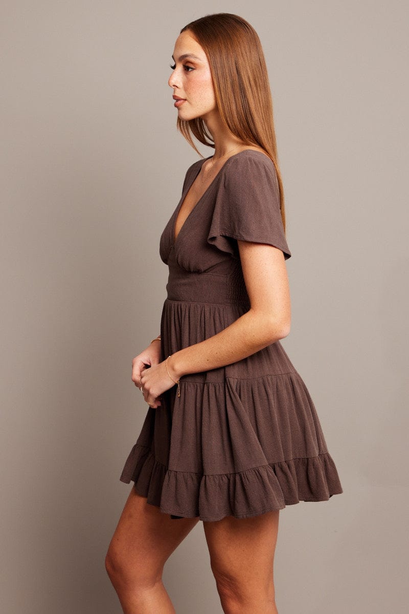 Brown Fit And Flare Dress V-neck Mini for Ally Fashion