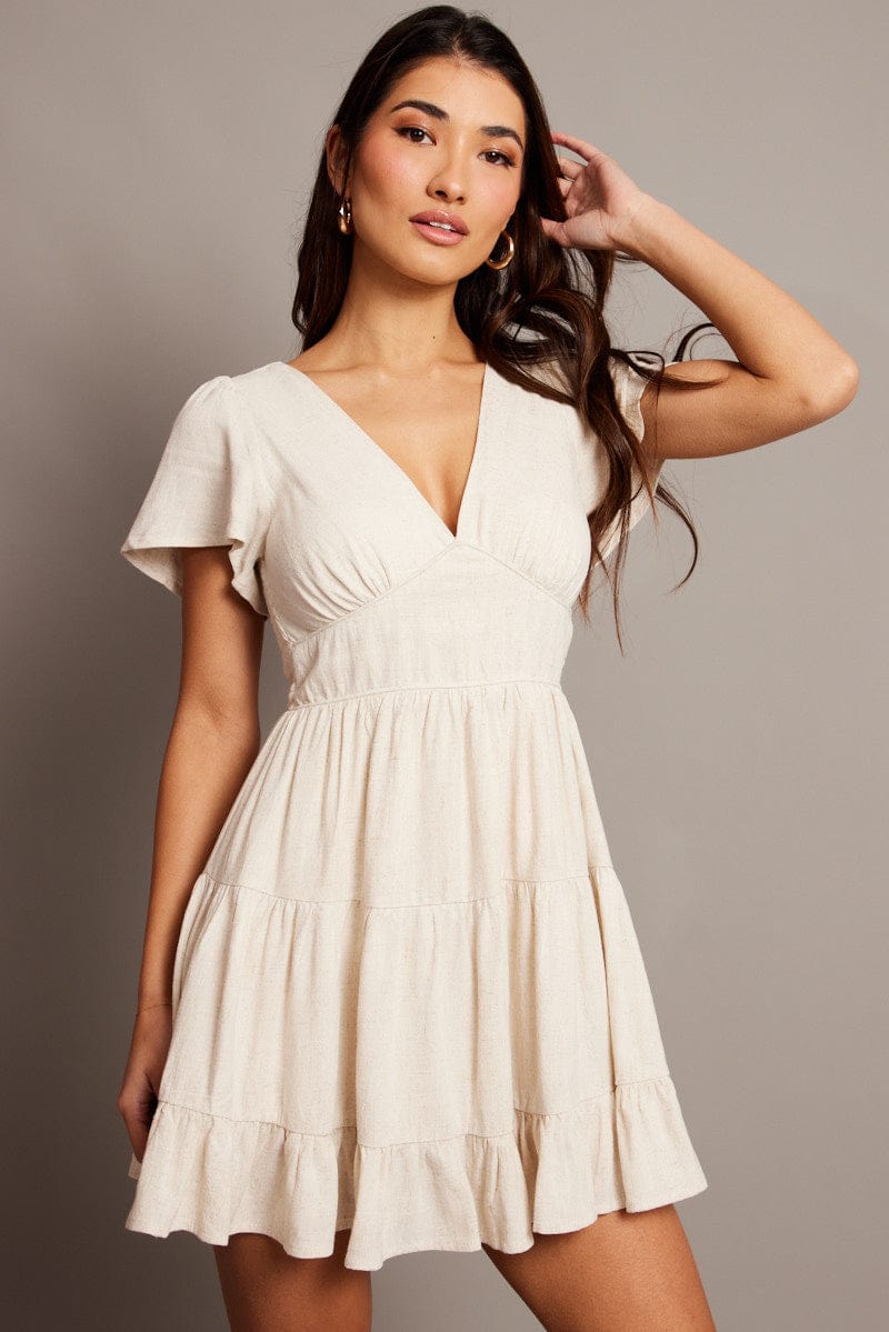 Beige Fit And Flare Dress V-neck Mini for Ally Fashion