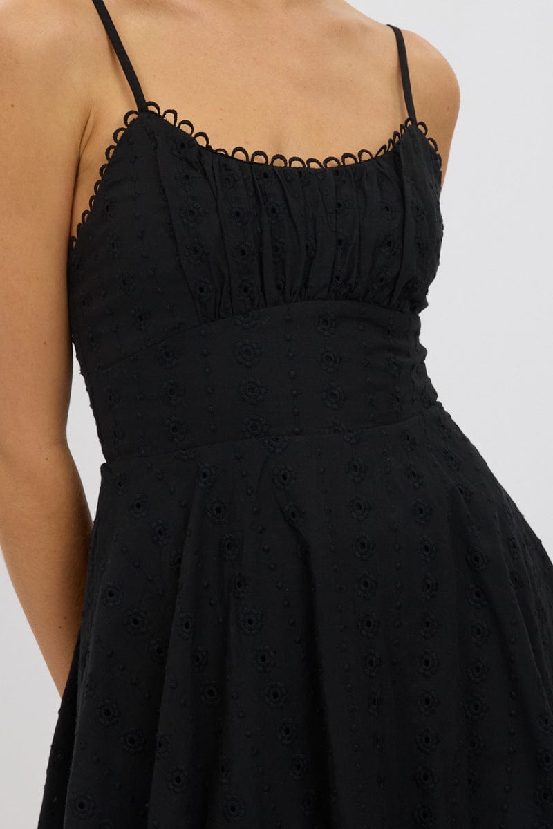 Black Fit And Flare Dress Mini Eyelet Fabric for Ally Fashion