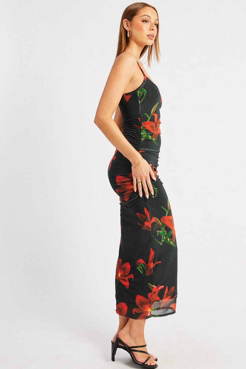 black floral foil printed mesh band collar bodycon dress GothDark Women's Mesh Dress Short Sleeve Round Collar Floral Print High Slit Waist-Cinched Wedding Guest Maxi Dresses at Amazon Women's Clothing store