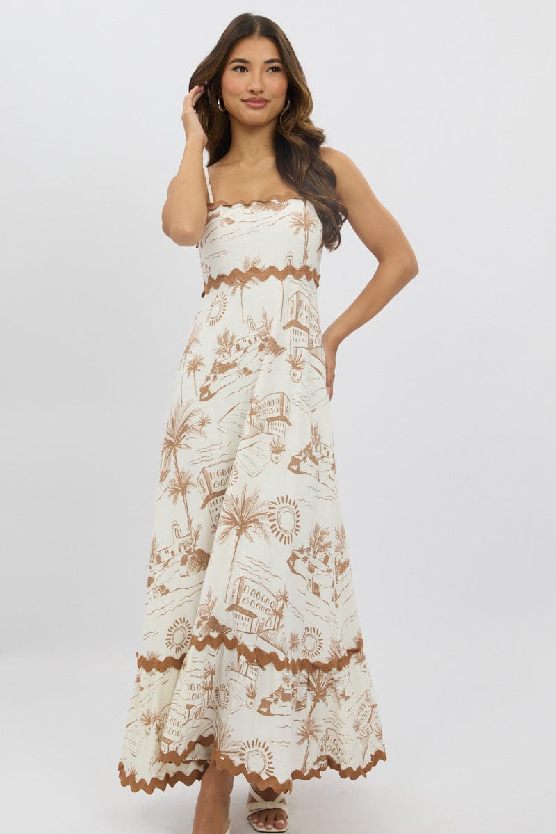 Brown Abstract Maxi Dress Strappy Ric Rac for Ally Fashion