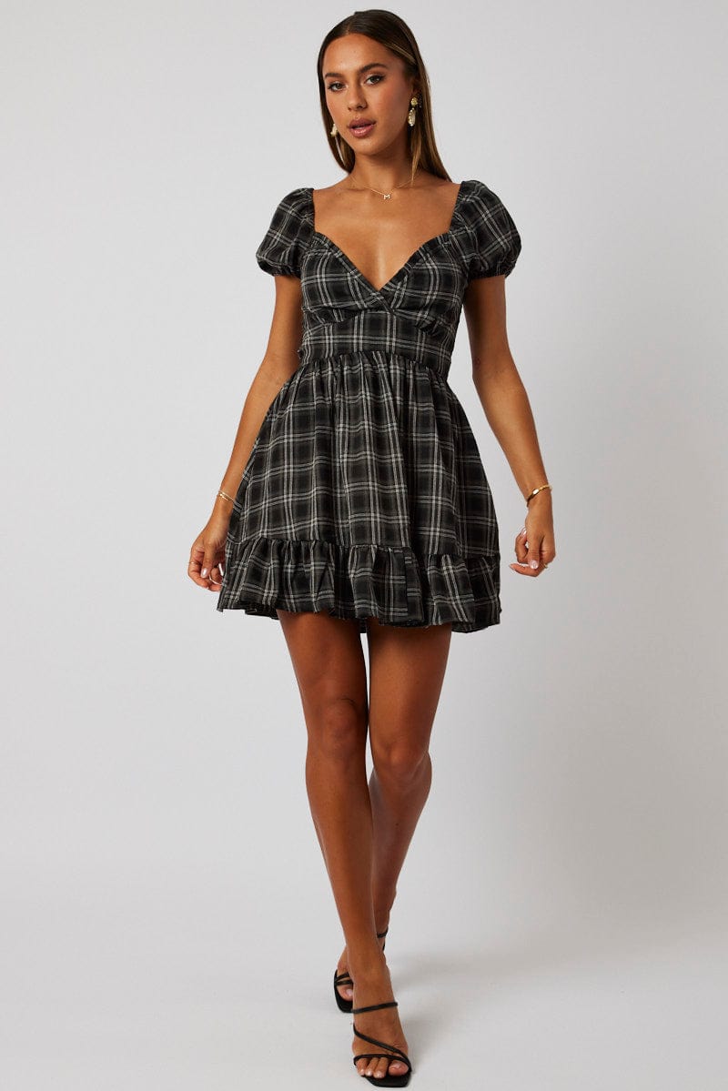 Black Check Fit And Flare Dress Puff Sleeve for Ally Fashion