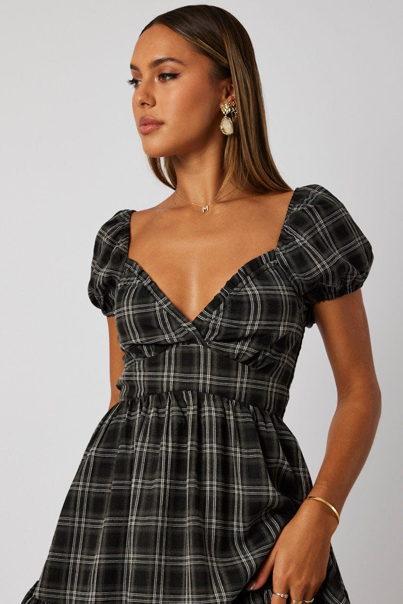 Black Check Fit And Flare Dress Puff Sleeve for Ally Fashion