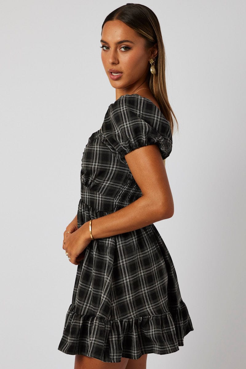 Black Check Fit And Flare Dress Puff Sleeve for Ally Fashion