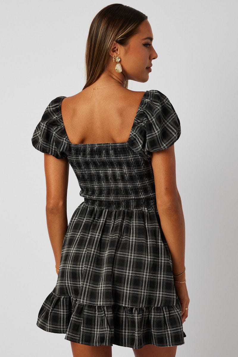 Black Check Fit And Flare Dress Puff Sleeve for Ally Fashion