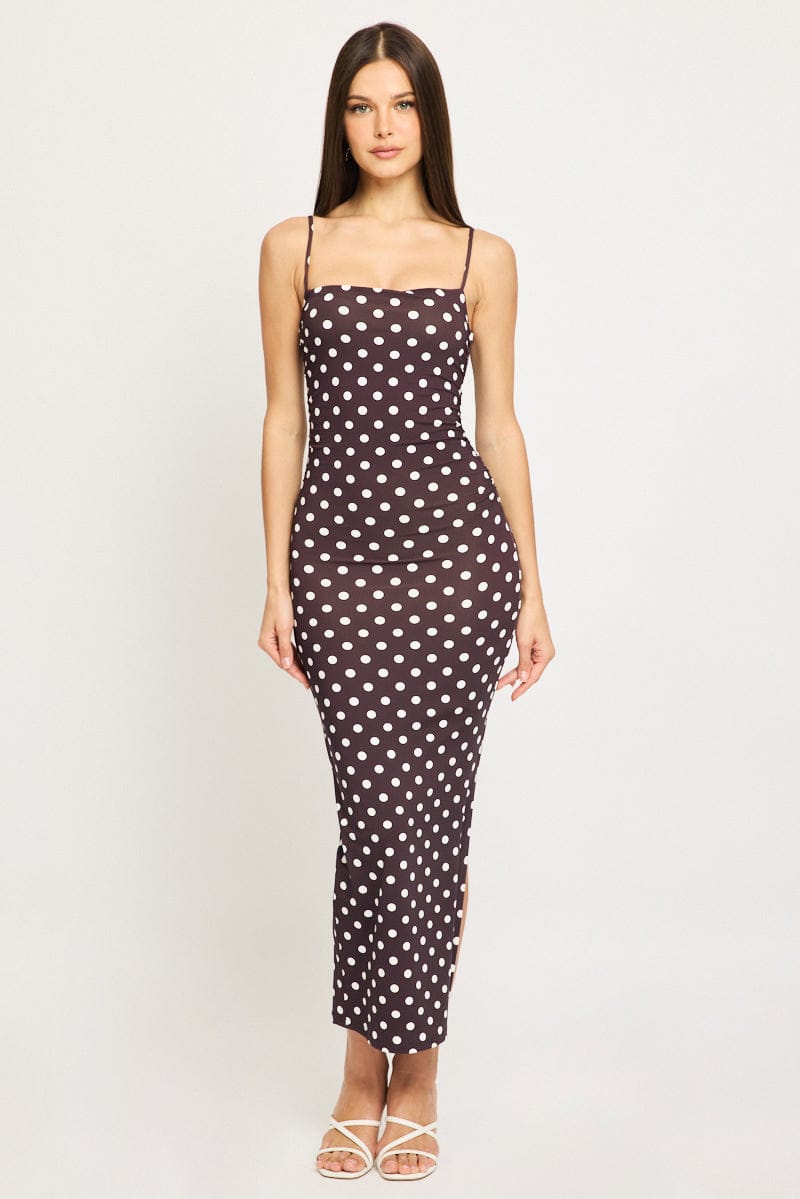 Brown Polka Dot Bodycon Dress Maxi for Ally Fashion