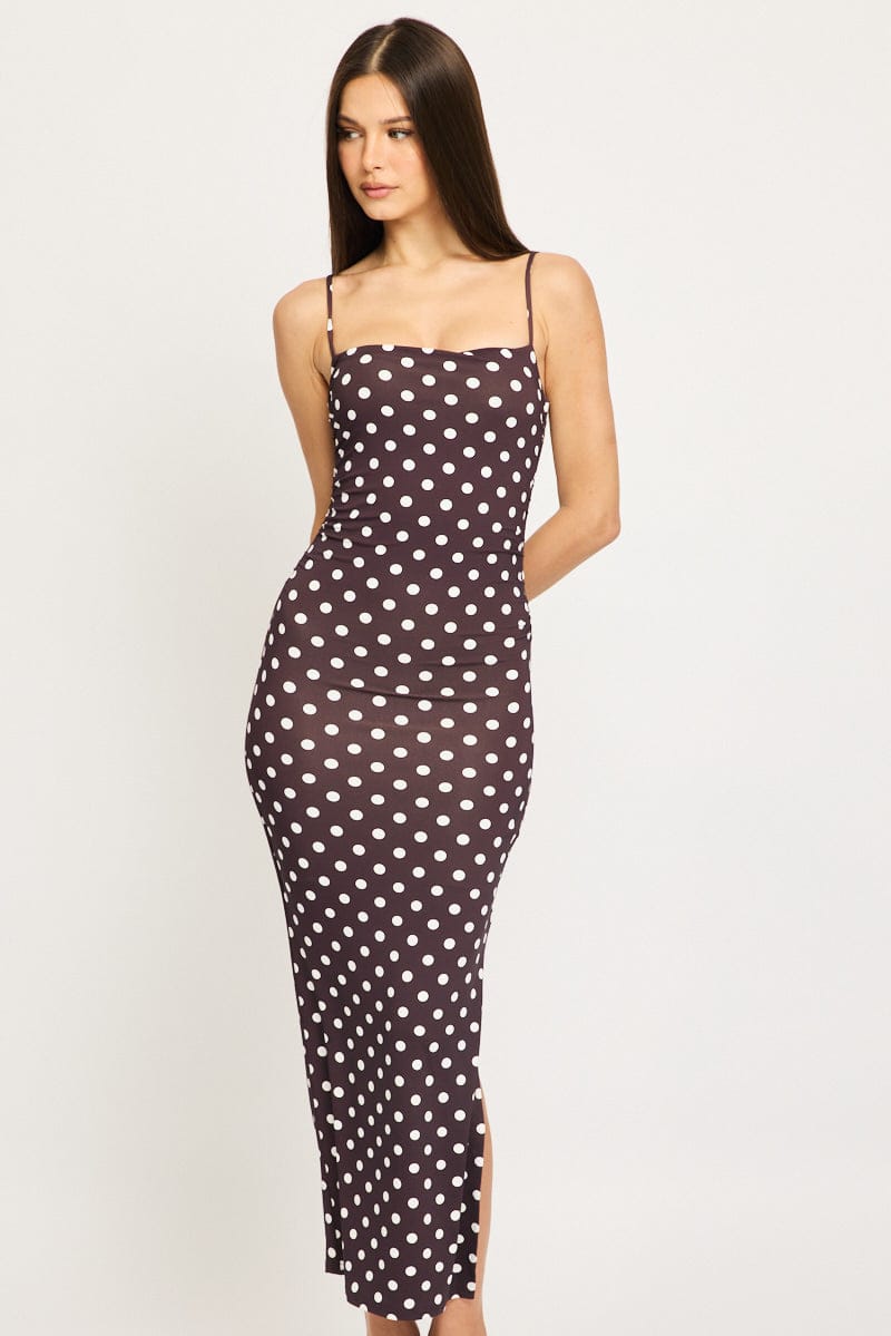 Brown Polka Dot Bodycon Dress Maxi for Ally Fashion