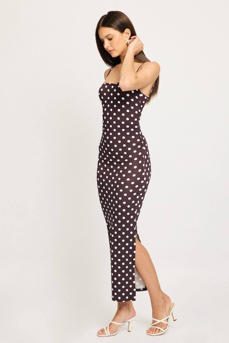 Brown Polka Dot Bodycon Dress Maxi for Ally Fashion