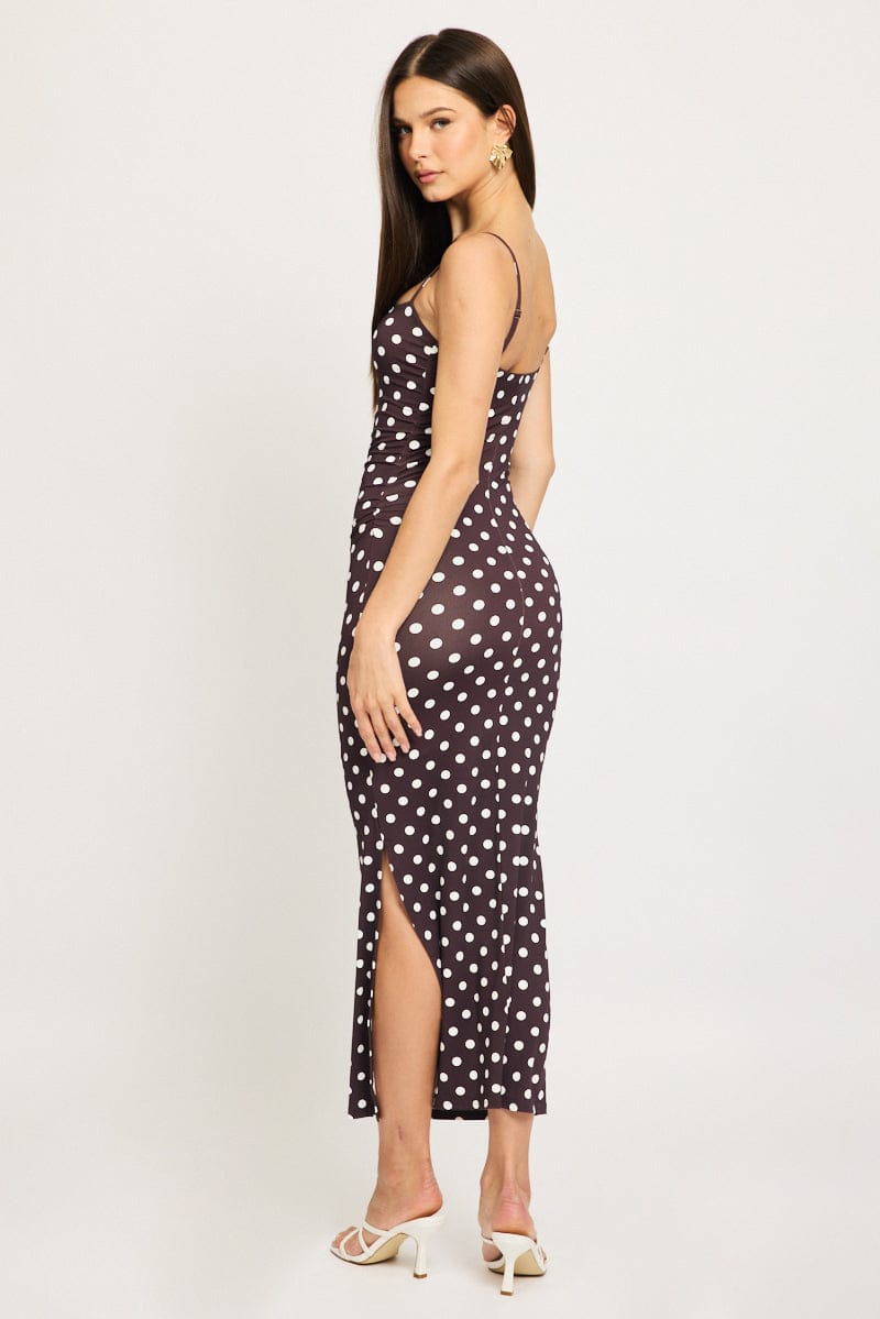 Brown Polka Dot Bodycon Dress Maxi for Ally Fashion