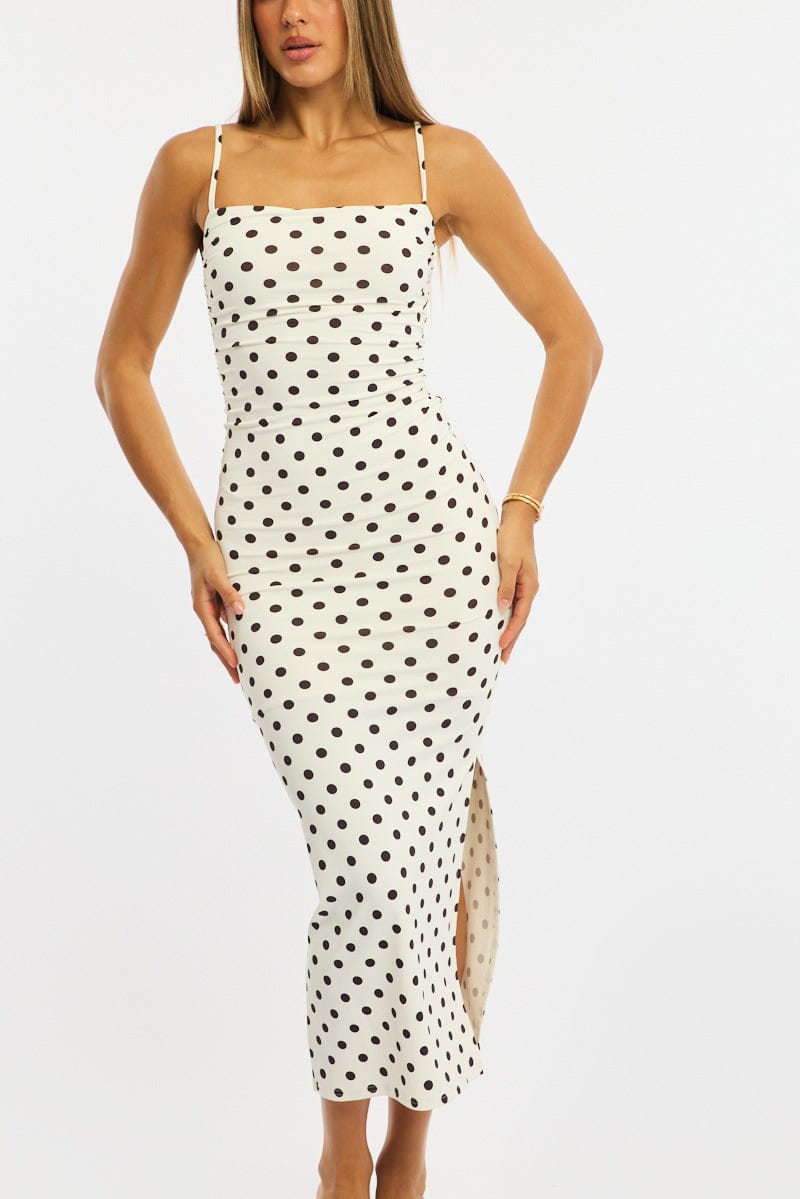 White Polka Dot Bodycon Dress Maxi for Ally Fashion